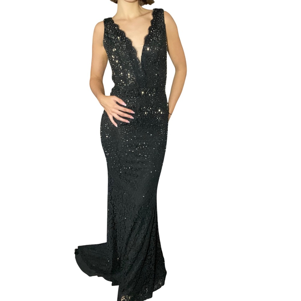 Elevated Luxury Black Beaded Rhinestone Floral Lace Maxi Dress Elegant Train - 4